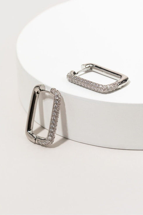 Exquisite Micro Pave 14K White Gold Plated Rectangular Cubic Zircon Hoop Earring